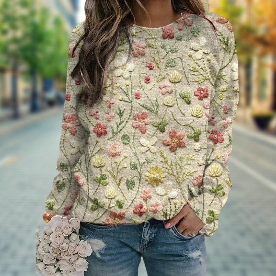 Comfortable Floral Embroidered Sweater for Women with Round Neck Long Sleeve Relaxed Oversized Knit Style