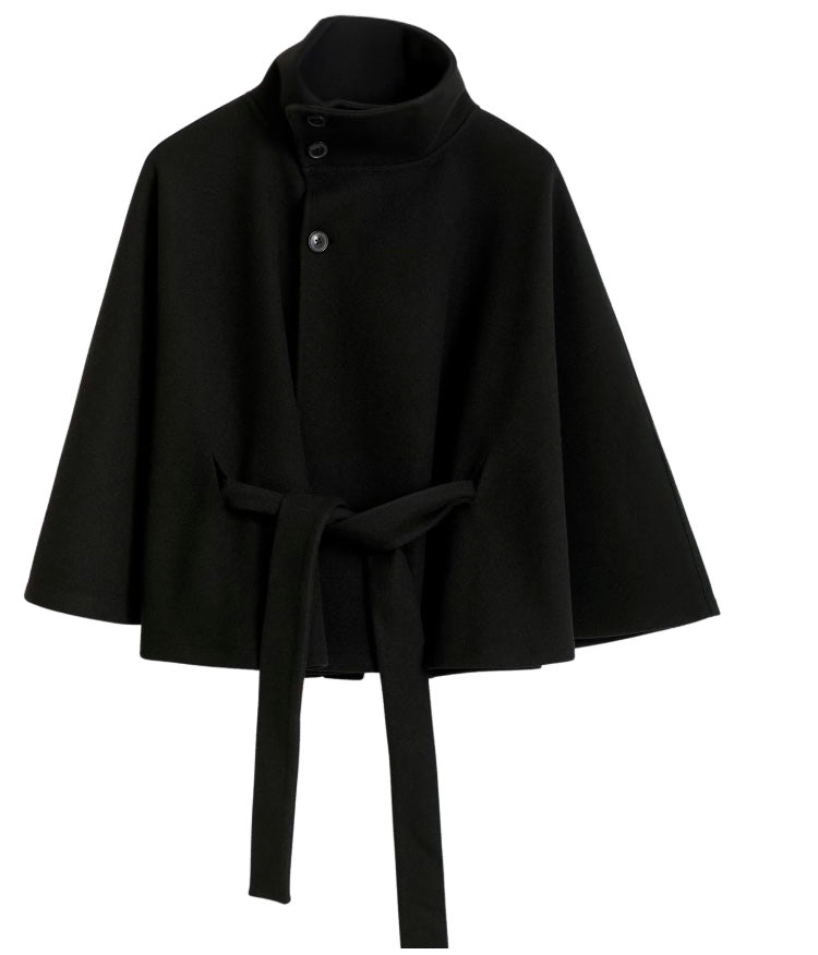 Elegant Wool Jacket for Women with Funnel Neck Batwing Sleeve Belted Cape Style