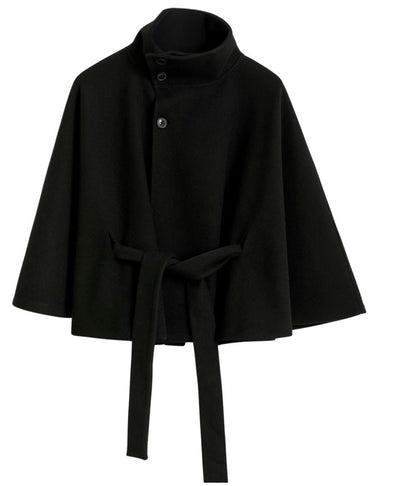 Elegant Wool Jacket for Women with Funnel Neck Batwing Sleeve Belted Cape Style