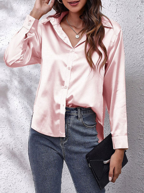 Elegant Satin Shirt for Women with Collar Long Sleeve Button Front Relaxed Silky Style