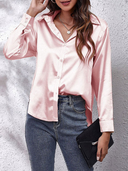 Elegant Satin Shirt for Women with Collar Long Sleeve Button Front Relaxed Silky Style