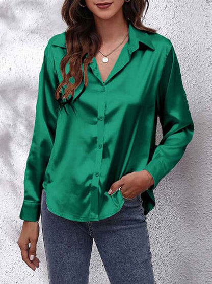 Elegant Satin Shirt for Women with Collar Long Sleeve Button Front Relaxed Silky Style