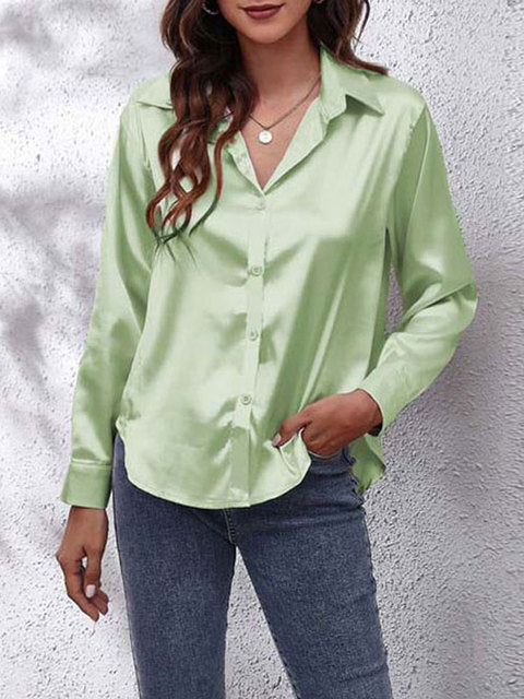 Elegant Satin Shirt for Women with Collar Long Sleeve Button Front Relaxed Silky Style