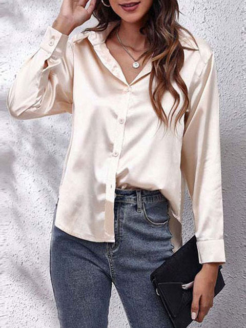 Elegant Satin Shirt for Women with Collar Long Sleeve Button Front Relaxed Silky Style