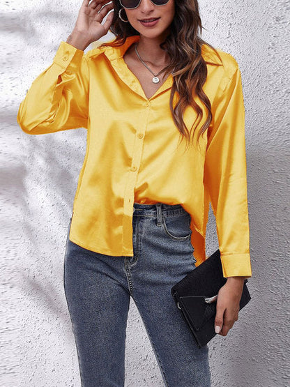 Elegant Satin Shirt for Women with Collar Long Sleeve Button Front Relaxed Silky Style