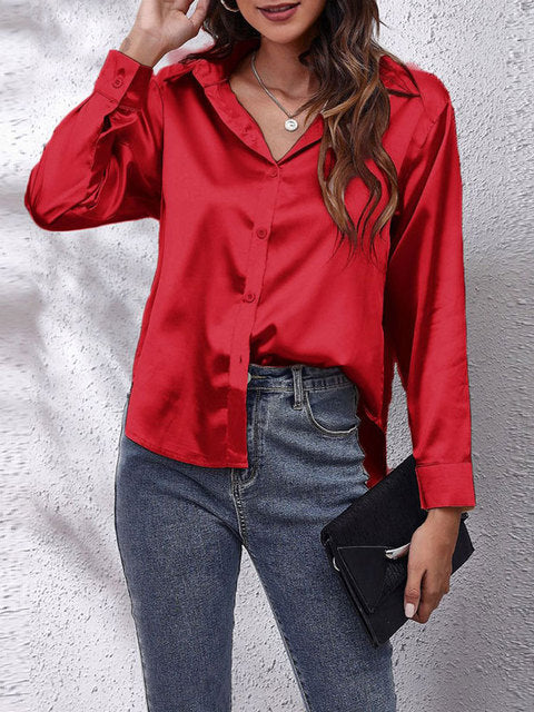 Elegant Satin Shirt for Women with Collar Long Sleeve Button Front Relaxed Silky Style