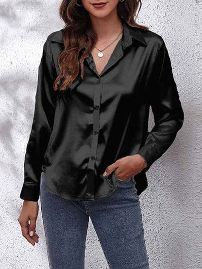 Elegant Satin Shirt for Women with Collar Long Sleeve Button Front Relaxed Silky Style