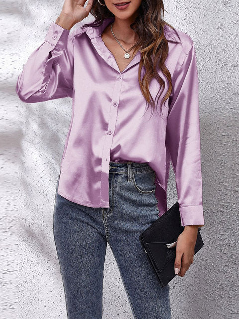 Elegant Satin Shirt for Women with Collar Long Sleeve Button Front Relaxed Silky Style