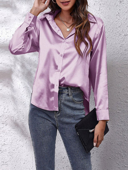 Elegant Satin Shirt for Women with Collar Long Sleeve Button Front Relaxed Silky Style