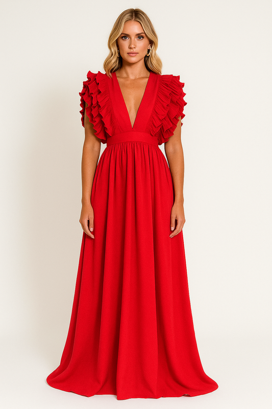 Elegant Red Fall Wedding Guest Maxi Dress for Women with Deep V Neck Flutter Sleeve Pleated Chiffon Formal Style