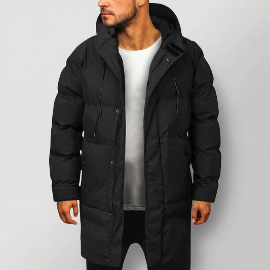 Cozy Long Puffer Coat for Men with Hooded Collar Long Sleeve Zip Up Quilted Longline Style