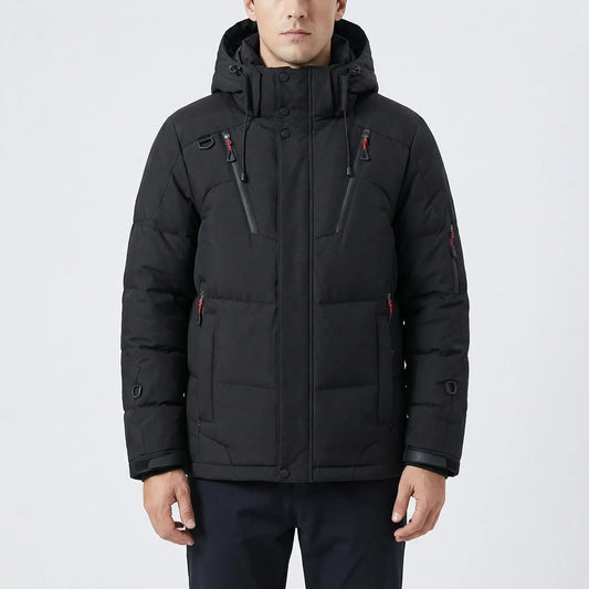 Cozy Puffer Jacket for Men with Hooded Collar Long Sleeve Zip Up Quilted Padded Winter Style