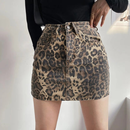 Stylish Leopard Print Denim Skirt for Women with High Waist Button Front Fitted Mini Style