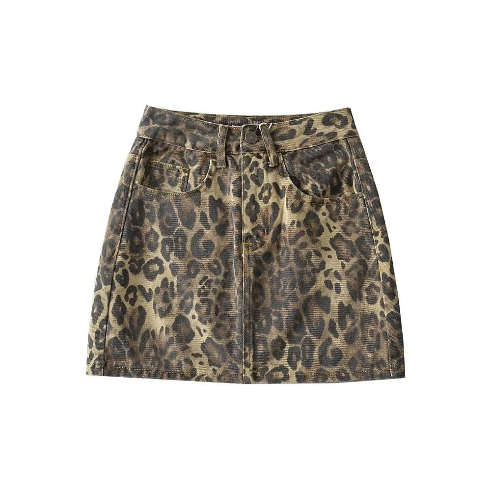Stylish Leopard Print Denim Skirt for Women with High Waist Button Front Fitted Mini Style