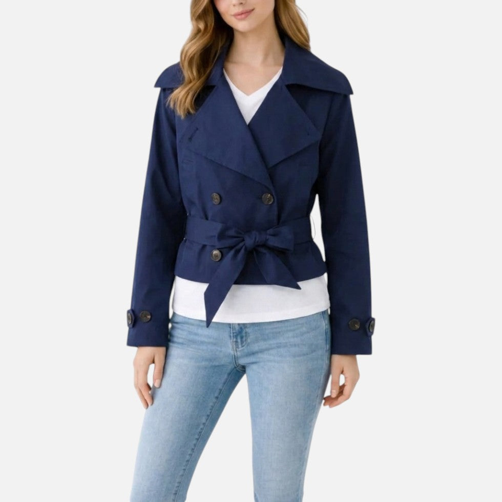 Effortless Cropped Trench Jacket for Women with Notch Collar Long Sleeve Double Breasted Belted Bow Style
