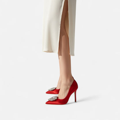 Women’s Pointed Toe PU Leather Pumps with Stiletto Heel and Decorative Vamp Detail