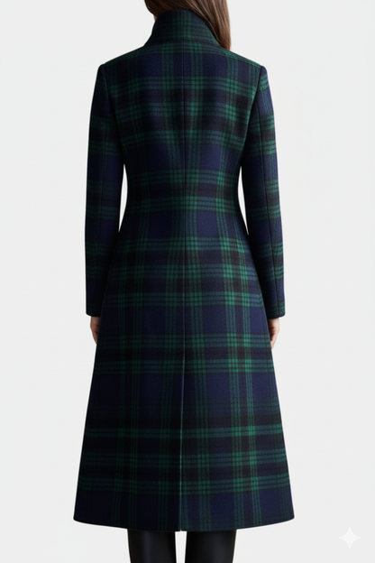 Elegant Green Plaid Wool Coat for Women with Stand Collar Long Sleeve Button Front Longline Style