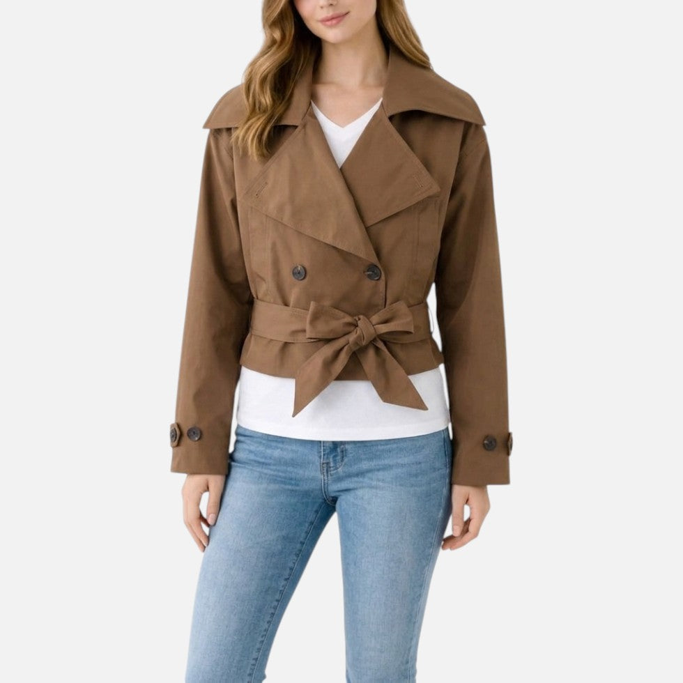 Effortless Cropped Trench Jacket for Women with Notch Collar Long Sleeve Double Breasted Belted Bow Style