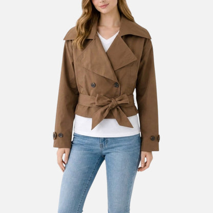 Effortless Cropped Trench Jacket for Women with Notch Collar Long Sleeve Double Breasted Belted Bow Style