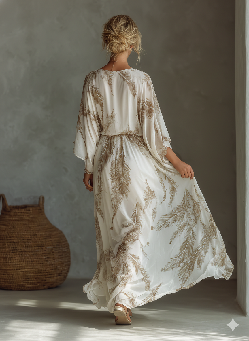 Elegant Ivory Maxi Dress for Women with Palm Leaf Print Dolman Sleeve Twist Front Chiffon Casual Summer Style