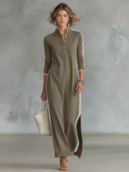 Stylish Shirt Dress for Women with Stand Collar Side Stripe Long Sleeve Sporty Casual Maxi Style