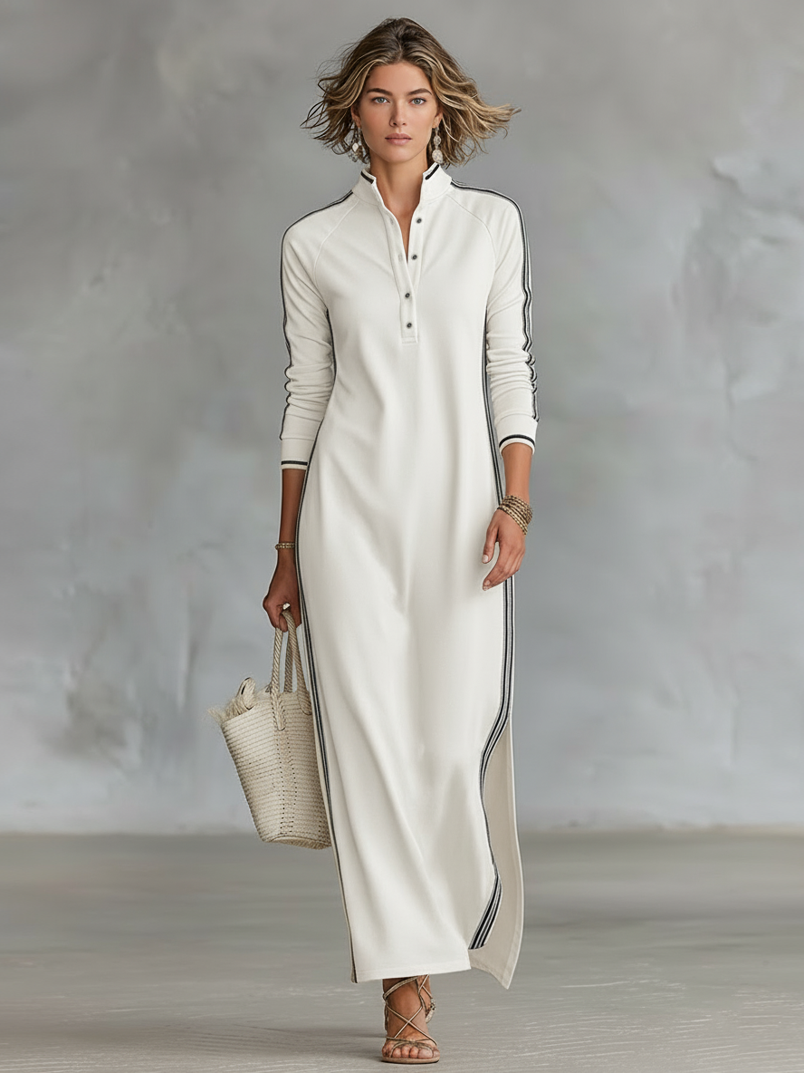 Stylish Shirt Dress for Women with Stand Collar Side Stripe Long Sleeve Sporty Casual Maxi Style