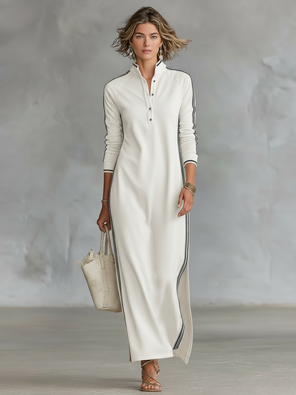 Stylish Shirt Dress for Women with Stand Collar Side Stripe Long Sleeve Sporty Casual Maxi Style