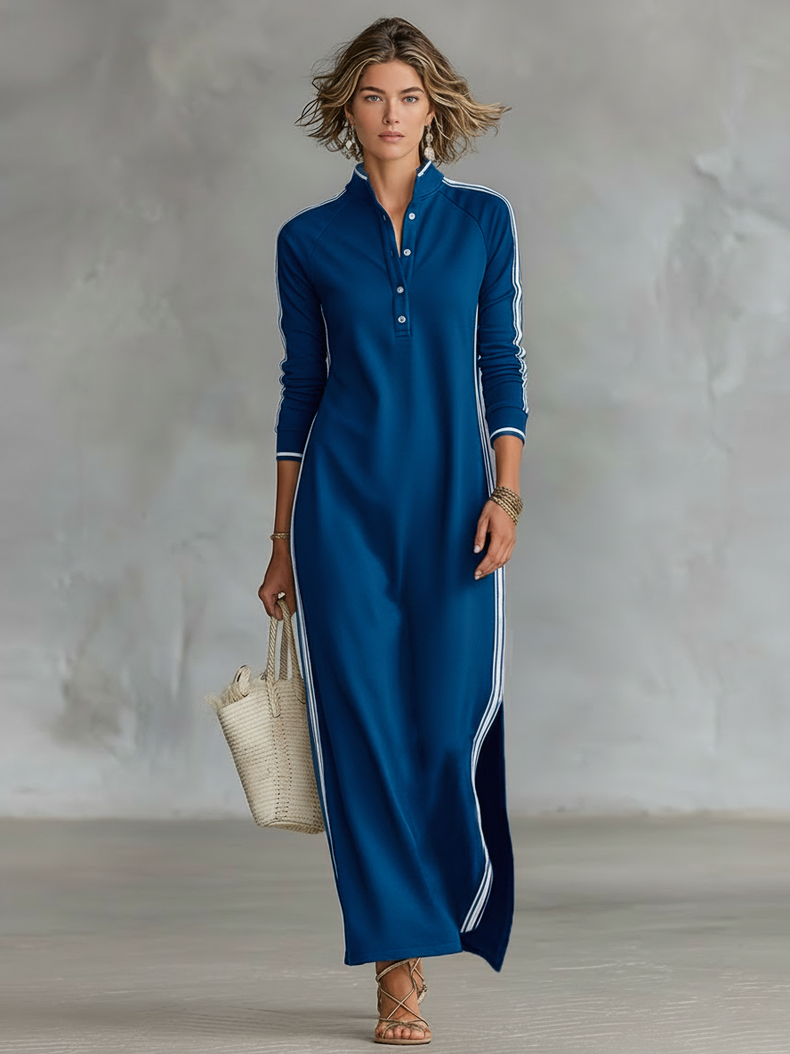 Stylish Shirt Dress for Women with Stand Collar Side Stripe Long Sleeve Sporty Casual Maxi Style