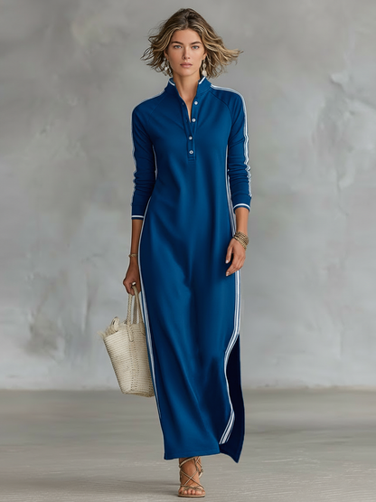 Stylish Shirt Dress for Women with Stand Collar Side Stripe Long Sleeve Sporty Casual Maxi Style