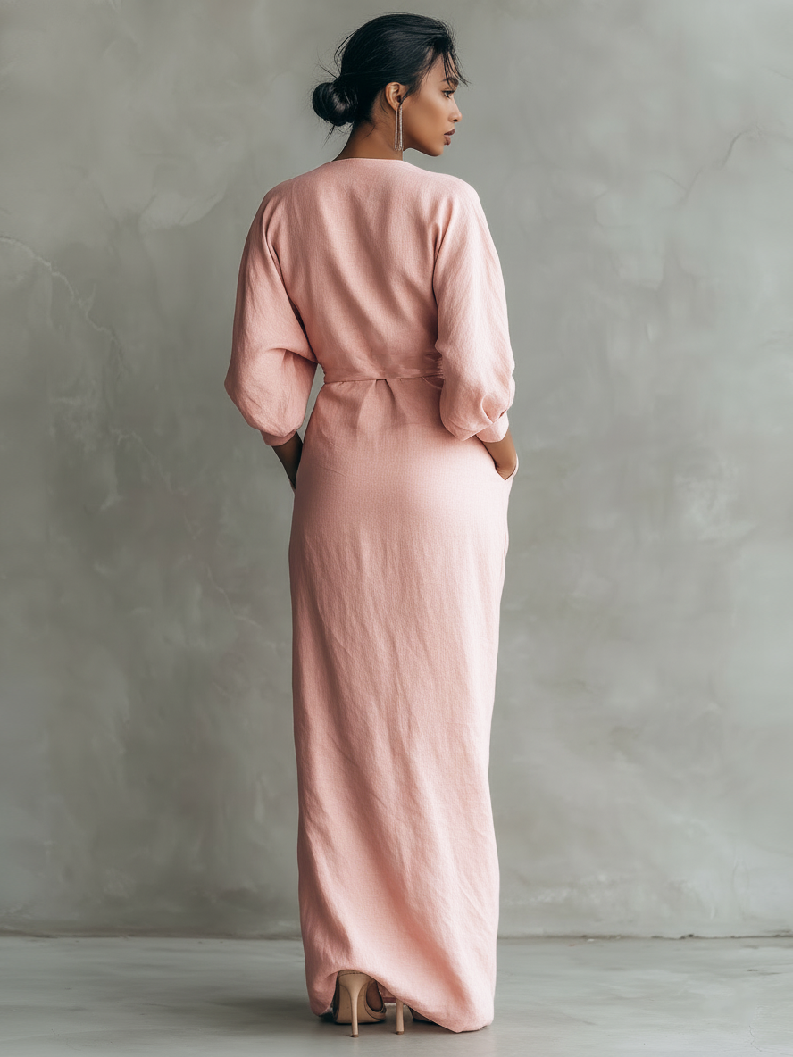 Elegant Linen Wrap Maxi Dress for Women with Deep V-Neck Batwing Sleeve Twist Waist Style