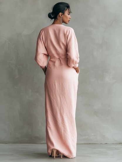 Elegant Linen Wrap Maxi Dress for Women with Deep V-Neck Batwing Sleeve Twist Waist Style