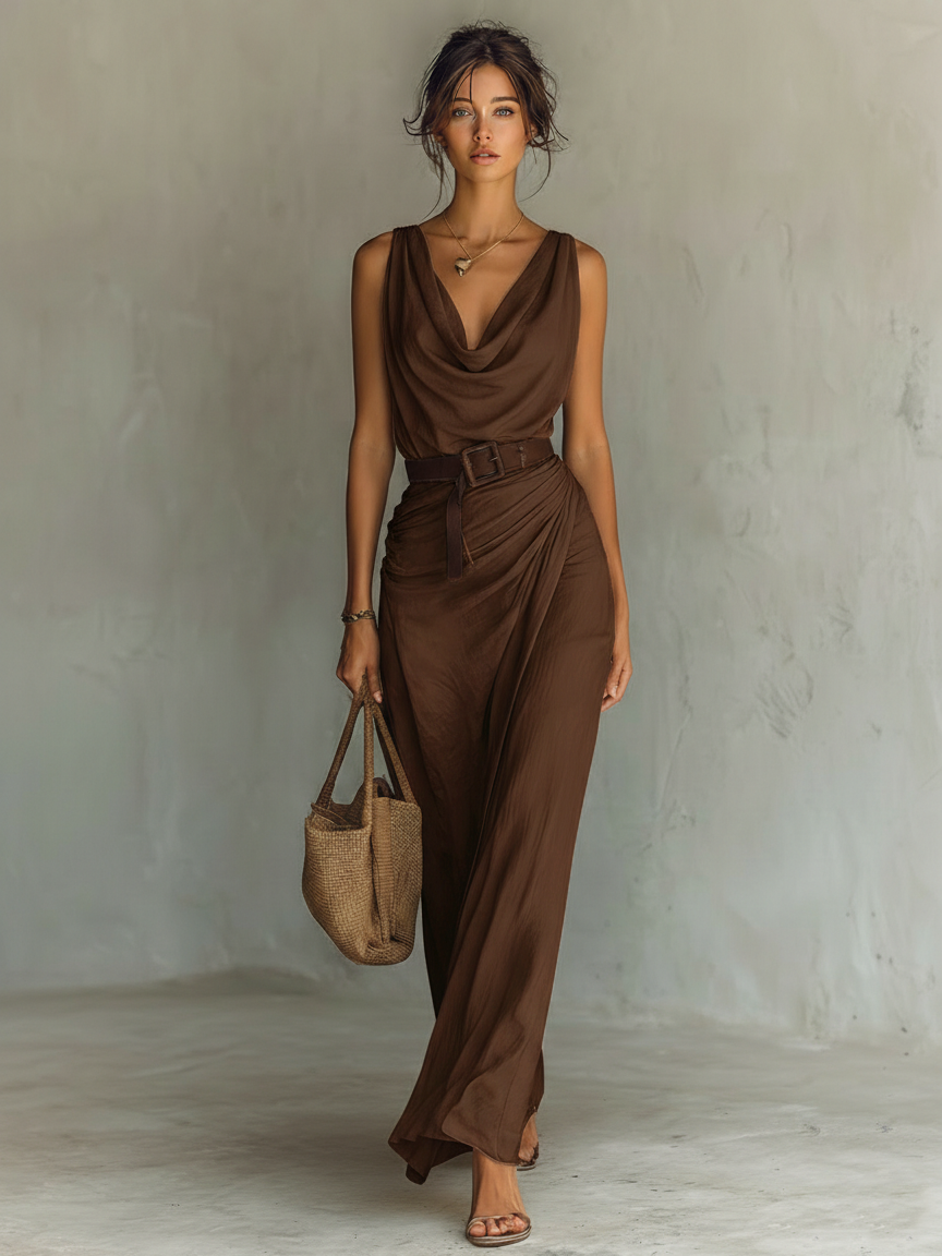 Elegant Brown Maxi Dress for Women with Cowl Neck Belted Waist Draped Skirt Sleeveless Casual Style