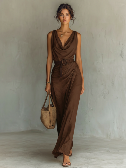 Elegant Brown Maxi Dress for Women with Cowl Neck Belted Waist Draped Skirt Sleeveless Casual Style