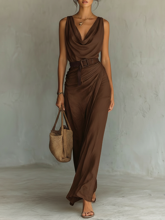 Elegant Brown Maxi Dress for Women with Cowl Neck Belted Waist Draped Skirt Sleeveless Casual Style