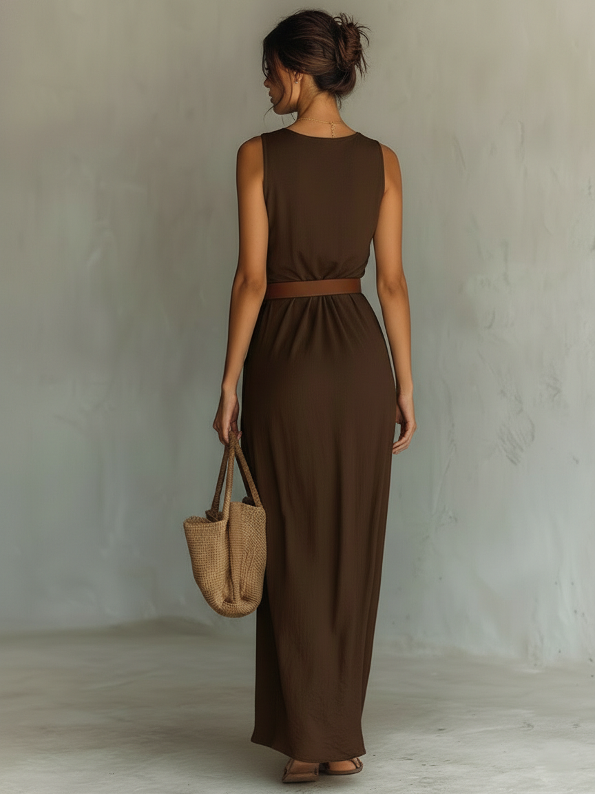 Elegant Brown Maxi Dress for Women with Cowl Neck Belted Waist Draped Skirt Sleeveless Casual Style