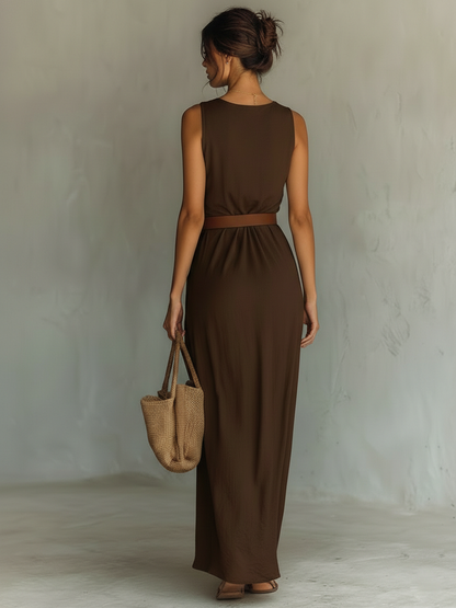 Elegant Brown Maxi Dress for Women with Cowl Neck Belted Waist Draped Skirt Sleeveless Casual Style