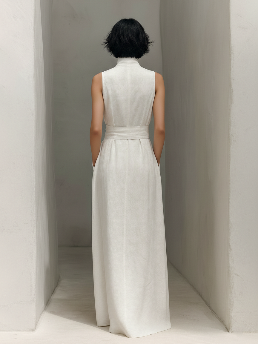 Elegant White Dresses for Women with V Neck Tie Waist Sleeveless Linen Flowing Casual Maxi Style