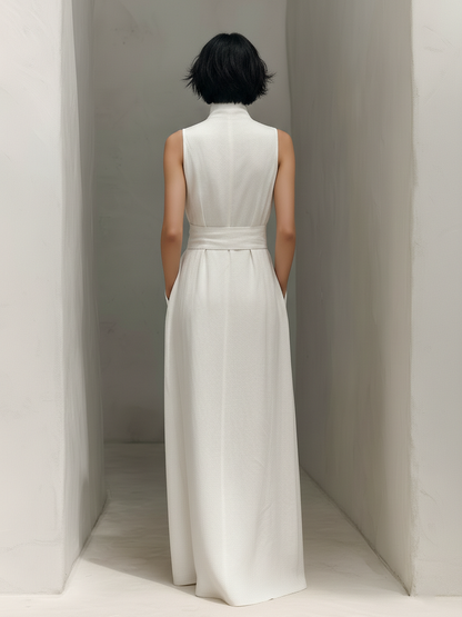 Elegant White Dresses for Women with V Neck Tie Waist Sleeveless Linen Flowing Casual Maxi Style