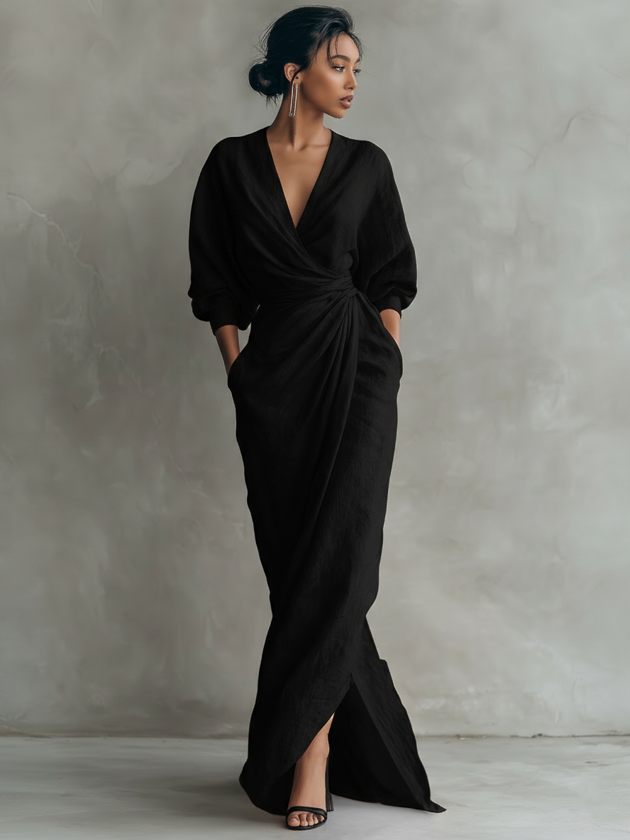 Elegant Linen Wrap Maxi Dress for Women with Deep V-Neck Batwing Sleeve Twist Waist Style