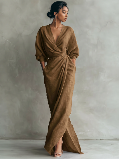 Elegant Linen Wrap Maxi Dress for Women with Deep V-Neck Batwing Sleeve Twist Waist Style