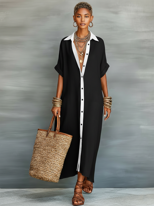 Effortless Black Tie Dress for Women with Collared Neck Button Front Elbow Sleeve Linen Oversized Casual Maxi Style
