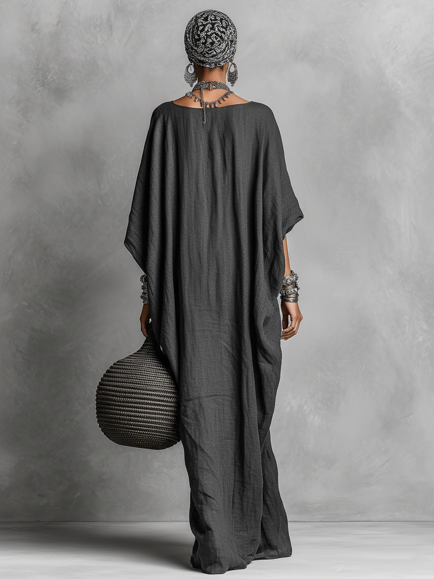 Effortless Gray Maxi Dress for Women with Batwing Sleeve Round Neck Oversized Linen Loose Casual Style