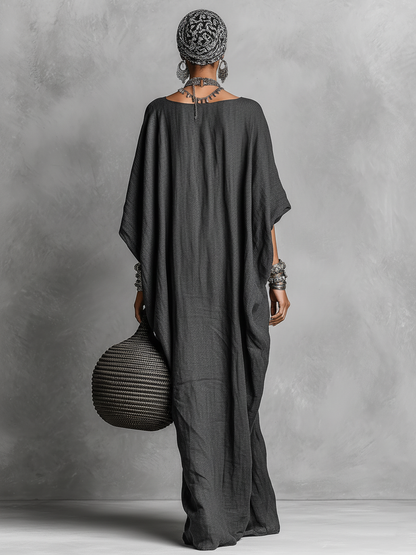 Effortless Gray Maxi Dress for Women with Batwing Sleeve Round Neck Oversized Linen Loose Casual Style