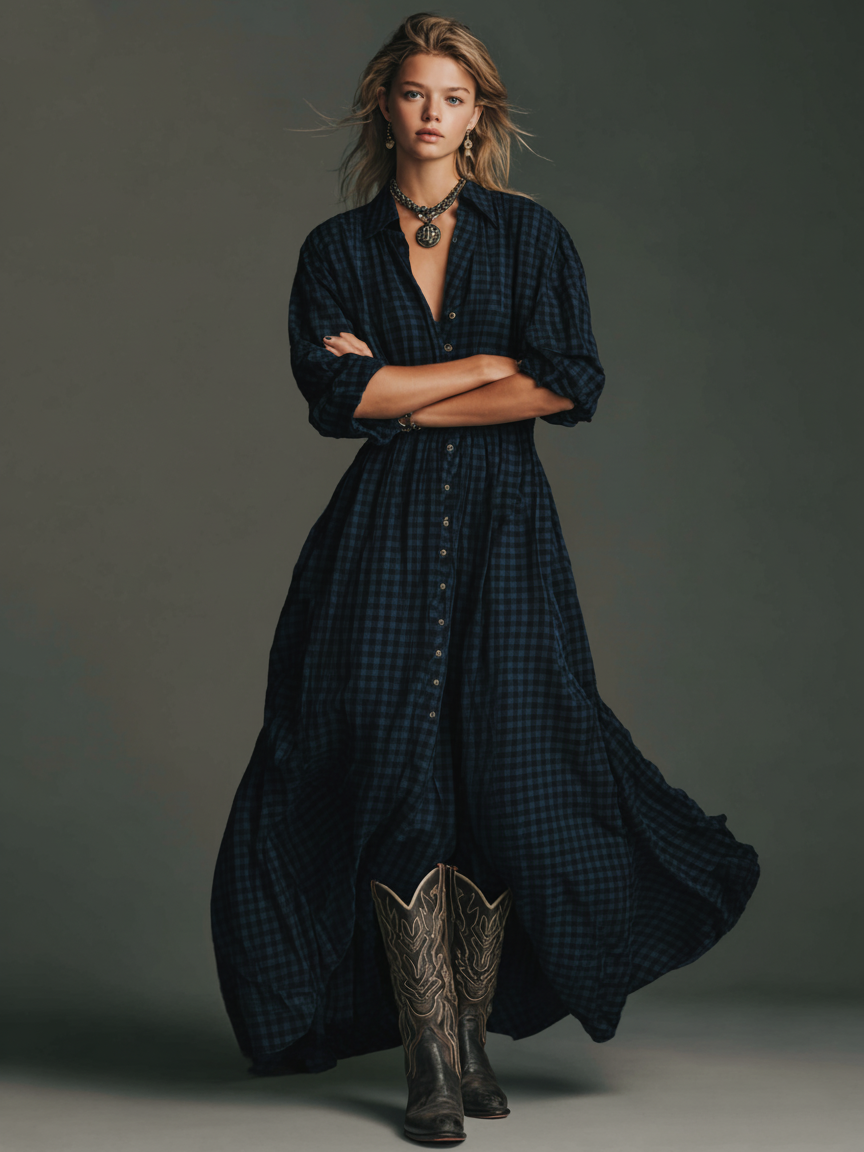 Effortless Plaid Shirt Dress for Women with Collar Button Front Long Sleeve Oversized Casual Maxi Style