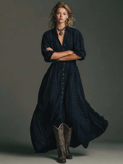 Effortless Plaid Shirt Dress for Women with Collar Button Front Long Sleeve Oversized Casual Maxi Style