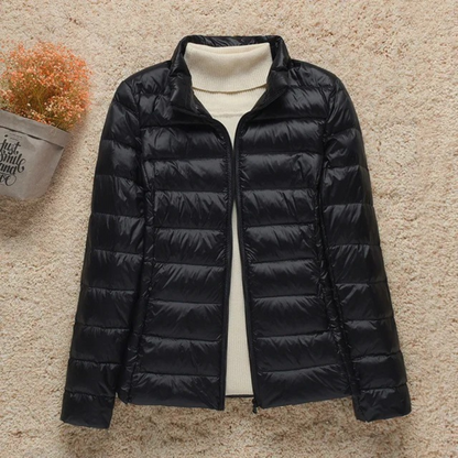 Cozy Puffer Jacket for Women with Stand Collar Long Sleeve Zip Up Lightweight Packable Style