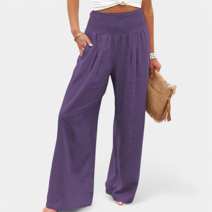 Effortless Linen Pants for Women with Smocked High Waist Wide Leg Flowing Casual Style