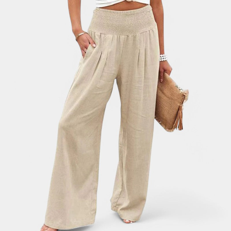 Effortless Linen Pants for Women with Smocked High Waist Wide Leg Flowing Casual Style