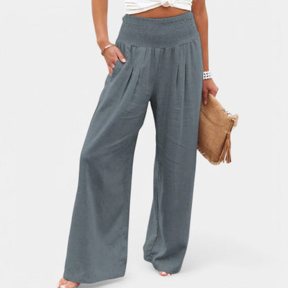Effortless Linen Pants for Women with Smocked High Waist Wide Leg Flowing Casual Style