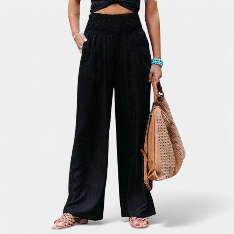 Effortless Linen Pants for Women with Smocked High Waist Wide Leg Flowing Casual Style